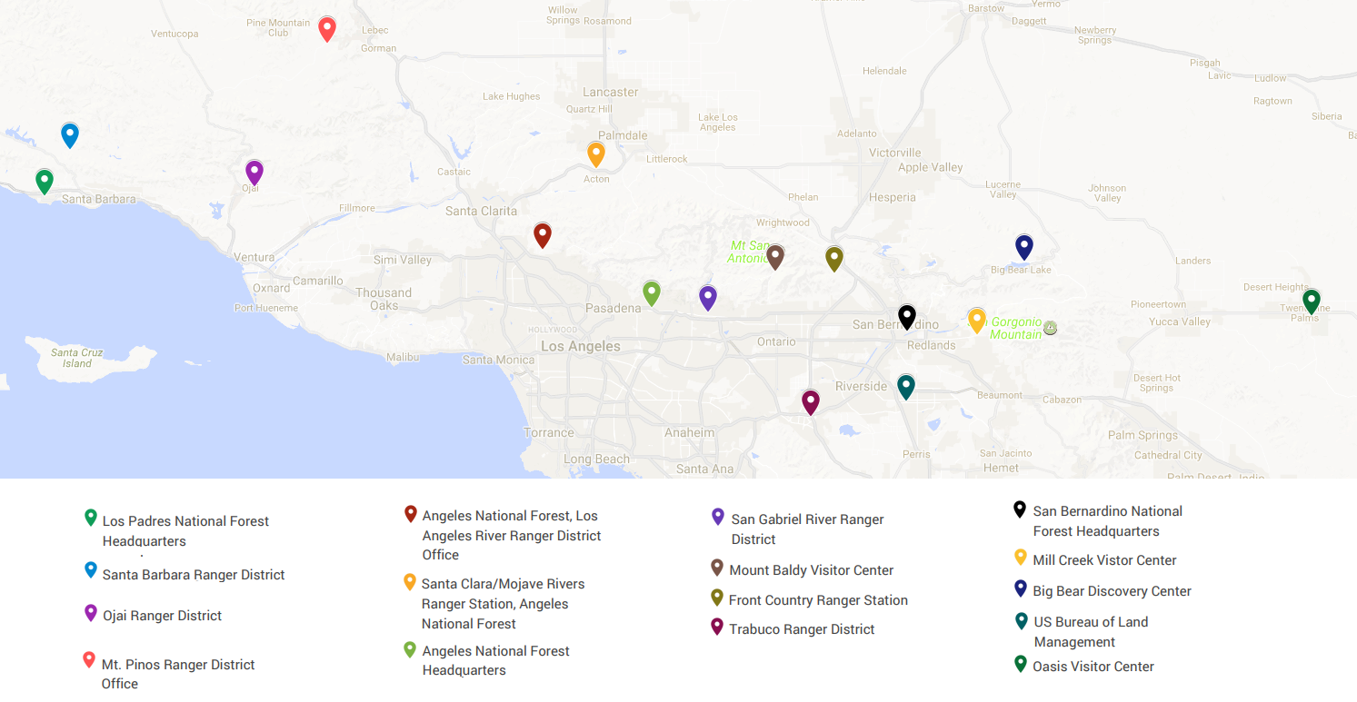 A map depicting all of the stations where Senior Passes are available for purchase near Los Angeles.
