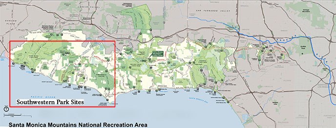 A map of park sites found in the southwestern area of the range based on access to major roadways. Sites in the red box are listed below.