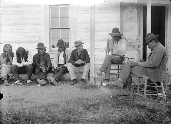 Author, naturalist and historian George Bird Grinnell, 3rd from right, collecting old stories from Cheyenne Indians.  Circa 1908