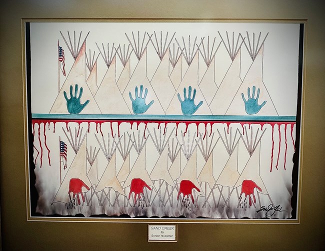 Native art featuring handprints and tipis.