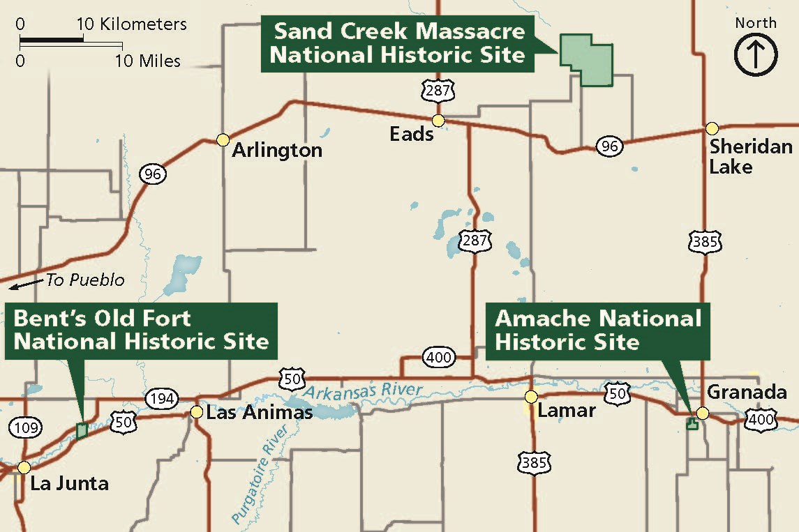 Area Map showing three parks and nearby communities in southeast Colorado.