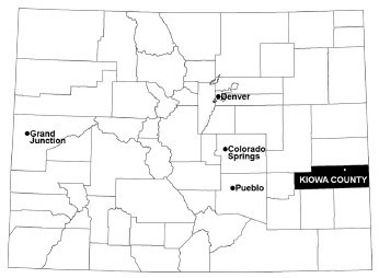 A map of the state of Colorado with Kiowa County highlighted in the southeastern portion of the state