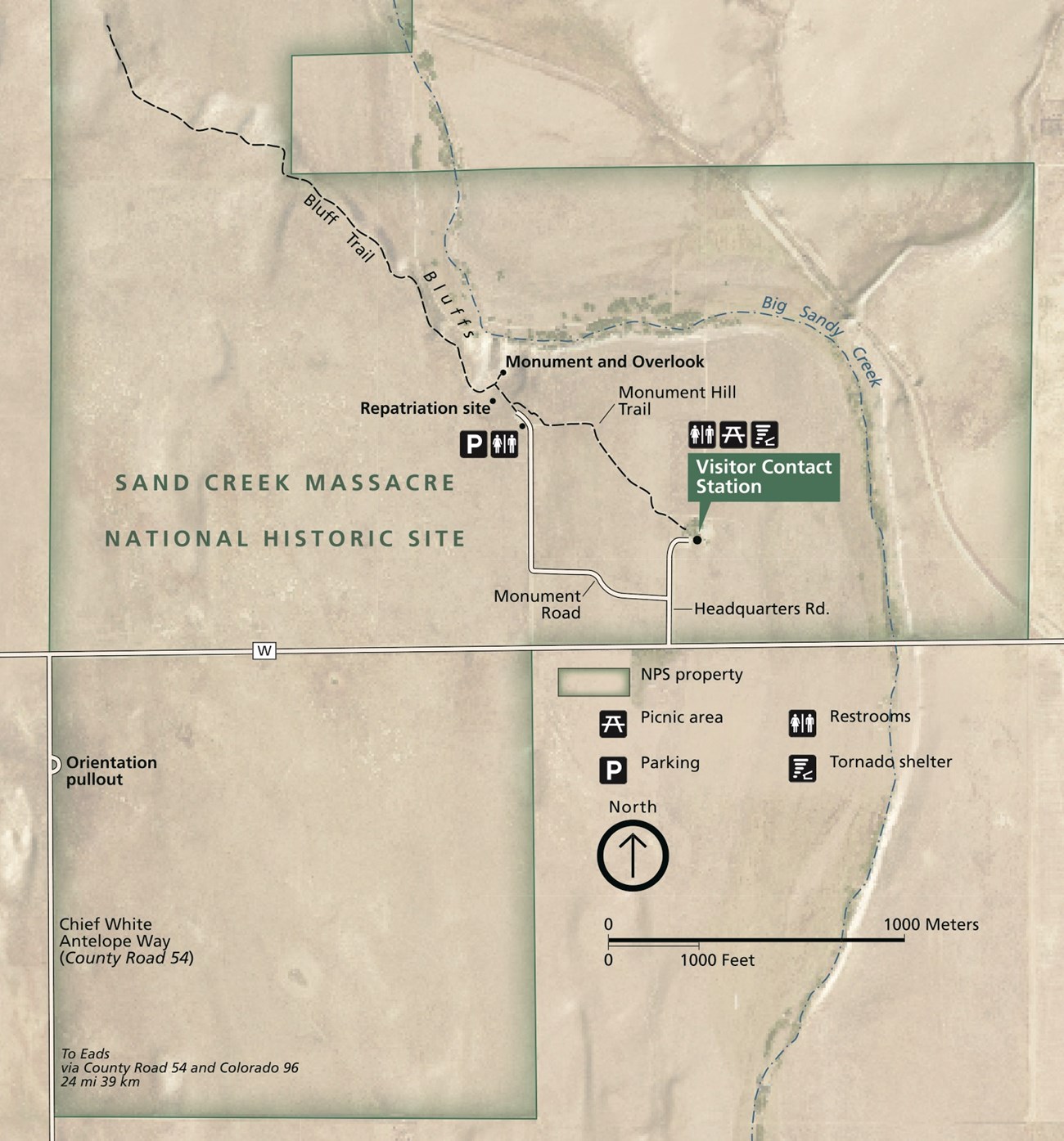 Map of Sand Creek Massacre National Historic Site detailing walking trails and visitor areas