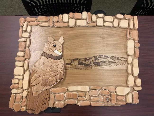 A beautiful wood intarsia created by former Artist-in-Residence Dennis Pritchard.  Full Moon Shadows, copyright Dennis Pritchard 2020.