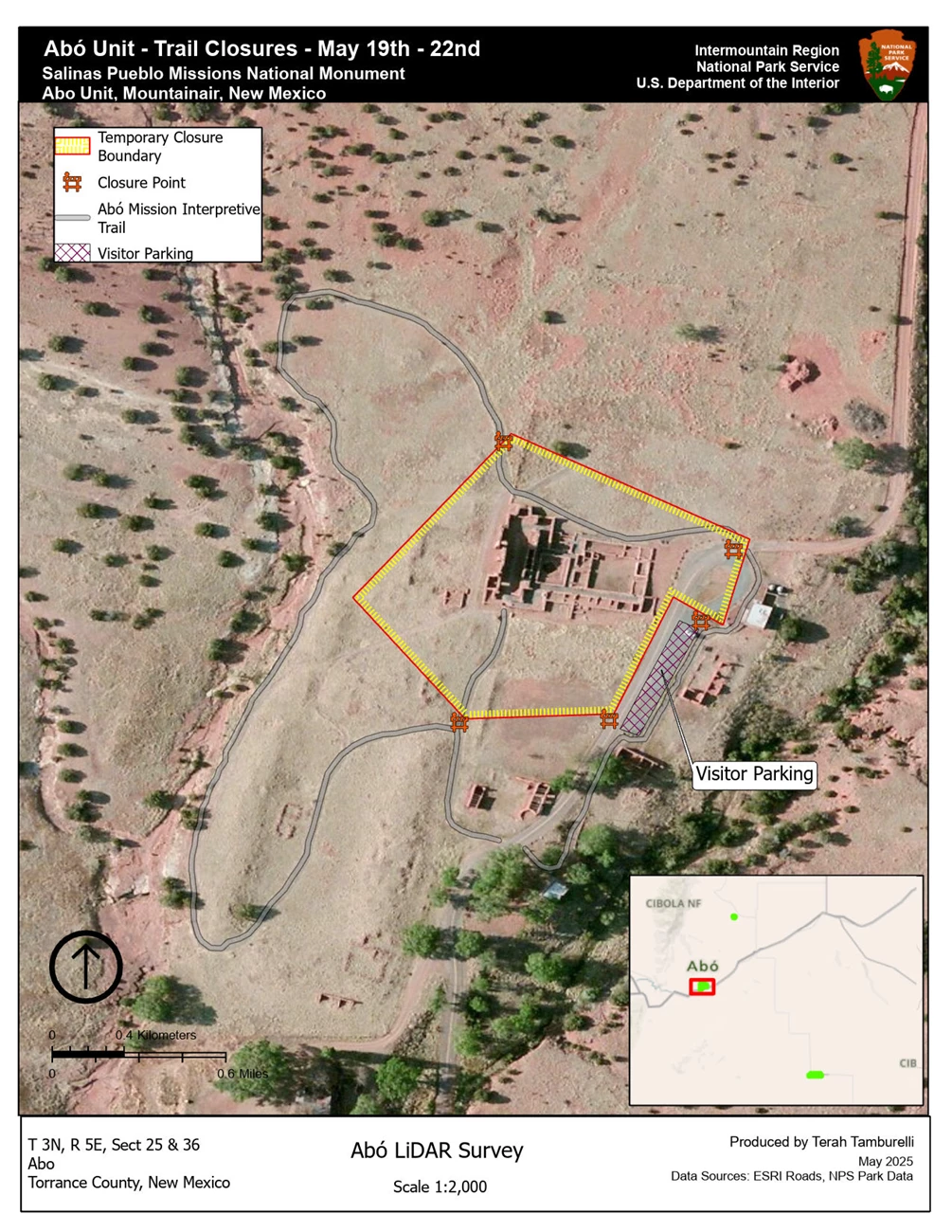 Temporary Closures at Abo Unit to Conduct Structural Assessment Map titled Abo Unit - Trail Closures May 19th-22nd. Background image is an aerial shot of high desert. In the center a yellow dashed line with a border indicates a temporary closure around partial adobe structure walls. To the southwest side, visitor pa
