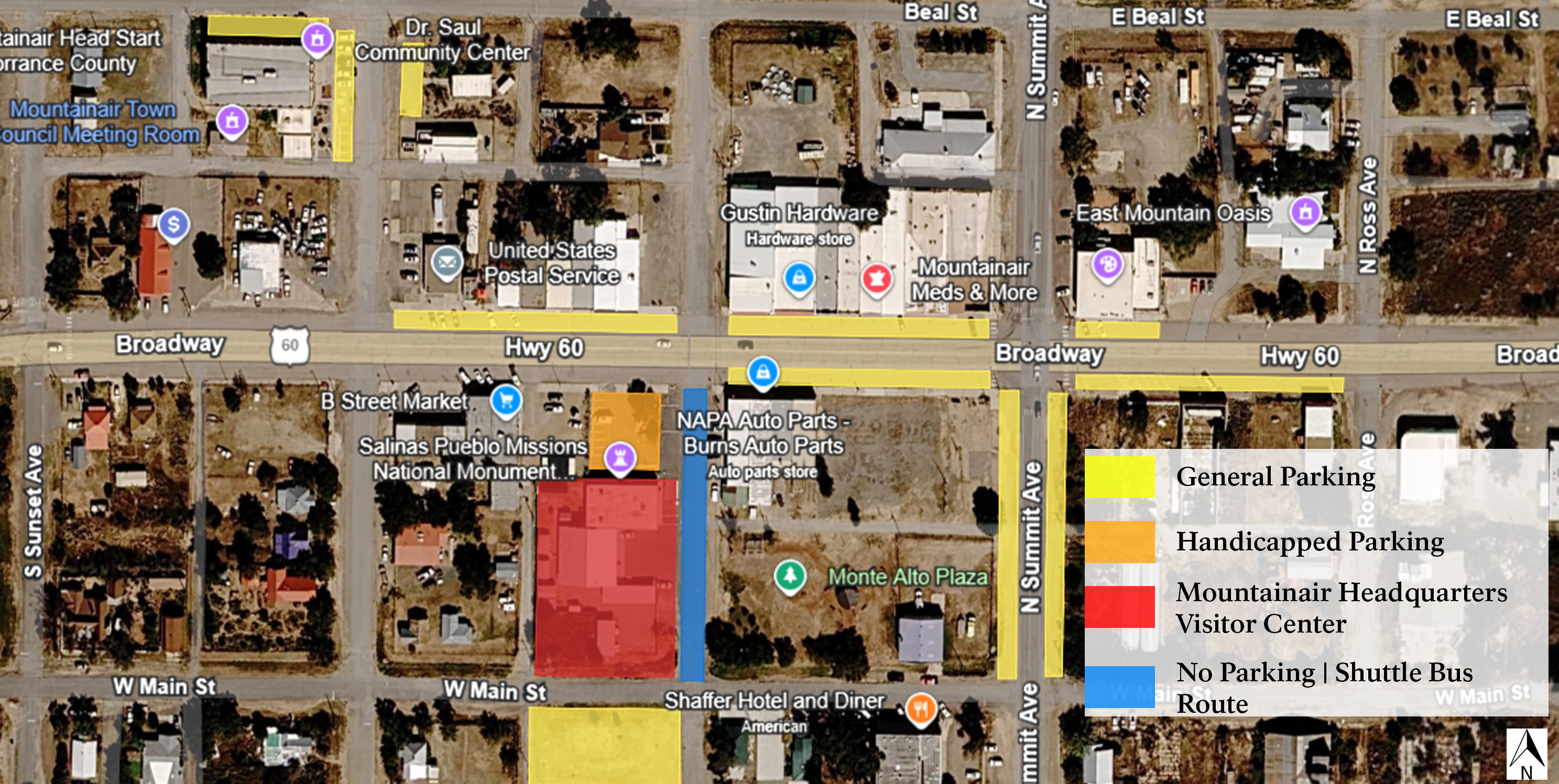 Map of Town of Mountainair showing color-coded parking options including general parking in yellow, handicapped parking in orange, in relation to Mountainair Headquarters Visitor Center.