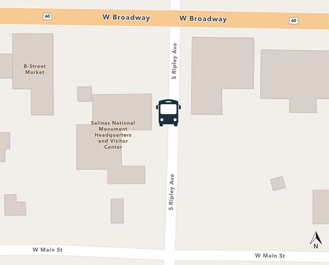 Map showing location of Mountainair Headquarters Visitor Center with a shuttle bus icon in front.
