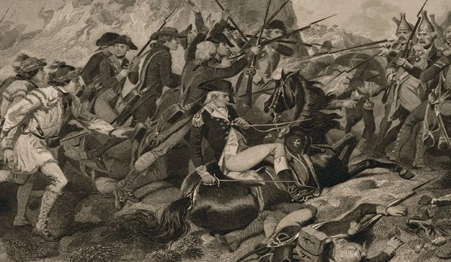 SARA.Arnold.efacc69ae5 The chaos of battle with firearms and hand-to-hand combat. Men rush forward in a crush with bodies fallen and piled underneath their feet.