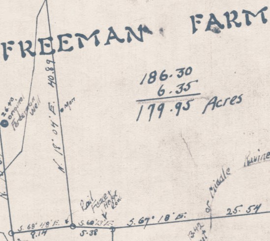 Detail image of the original 1926 map showing the 4 farms comprising the preserved battlefield site. Prominent image text reads "Freeman Farm" and "179.95 acres"