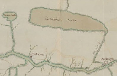 A map detail image showing Round Lake, Saratoga (Schuylerville, NY today), Stillwater, Saratoga Lake, and Fish Kill River (Fish Creek today).