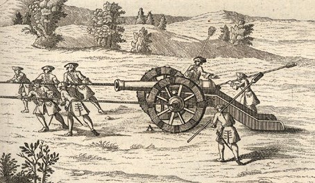 A group of men haul a cannon and carriage using ropes in this 1760 print