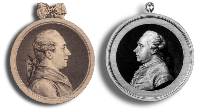 Two portraits in circular frames of men in 18th century clothing