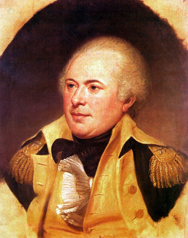 historical portrait of James Wilkinson who is wearing a dark blue military coat with gold facings