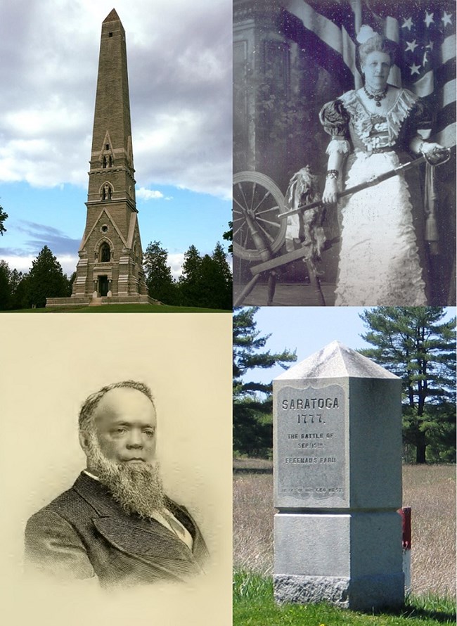 Composite photo: TOP LEFT a tall granite obelisk, TOP RIGHT a woman in fancy dress and holding a sword, BOTTOM LEFT a bearded man in a suit, BOTTOM RIGHT a small granite monument