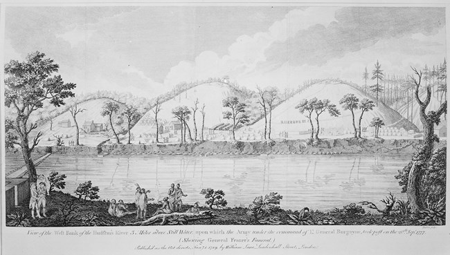View of the west bank of the Hudson's River 3 miles above Still Water, upon which the army under the command of Lt. General Burgoyne, took post on the 20th Sepr. 1777 (shewing General Frazer's funeral)