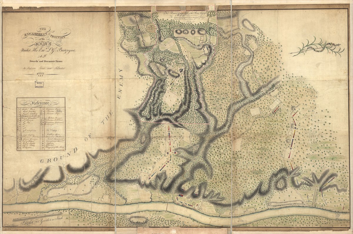Historic map showing "The encampment & position of the army under His Excy. Lt. Gl: Burgoyne at Swords's and Freeman's Farms on Hudsons River near Stillwater, 1777."