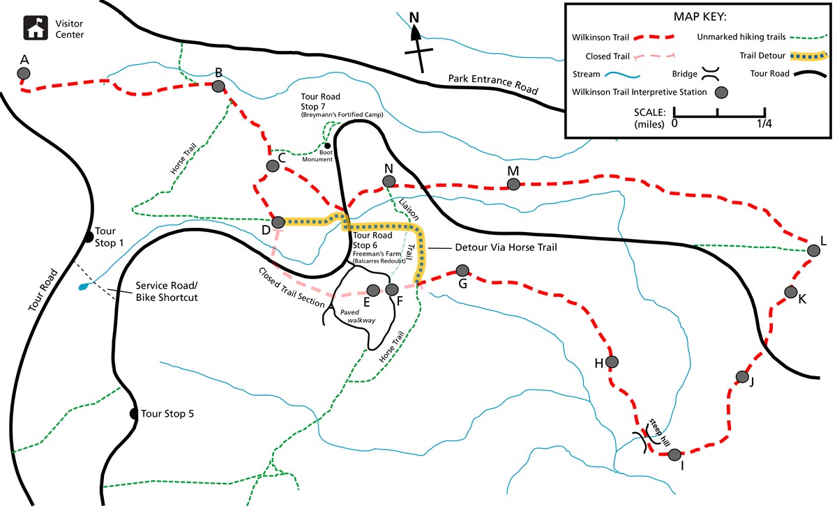 Map of the Wilkinson Trail showing a detour from Stop D, via the Horse Trail, to reconnect to the trail just past Stop F.