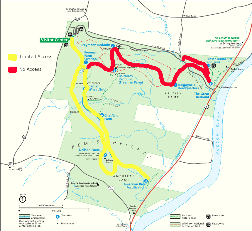 Map of Saratoga Battlefield showing partial open area with yellow line and closed area with red line.