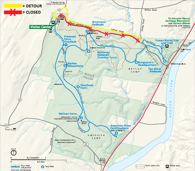 SARA Road Closures and Detour for April and May 2021 Map of Saratoga National Historical park with a red line highlighting road closures and a yellow line indicating road detour on Lohnes Road
