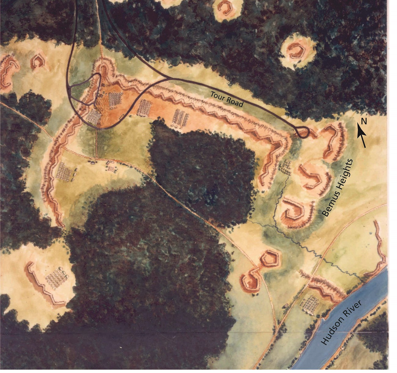 Historical map of Bemus Heights. North is to the upper left, the hudson is on the bottom right of the map.
