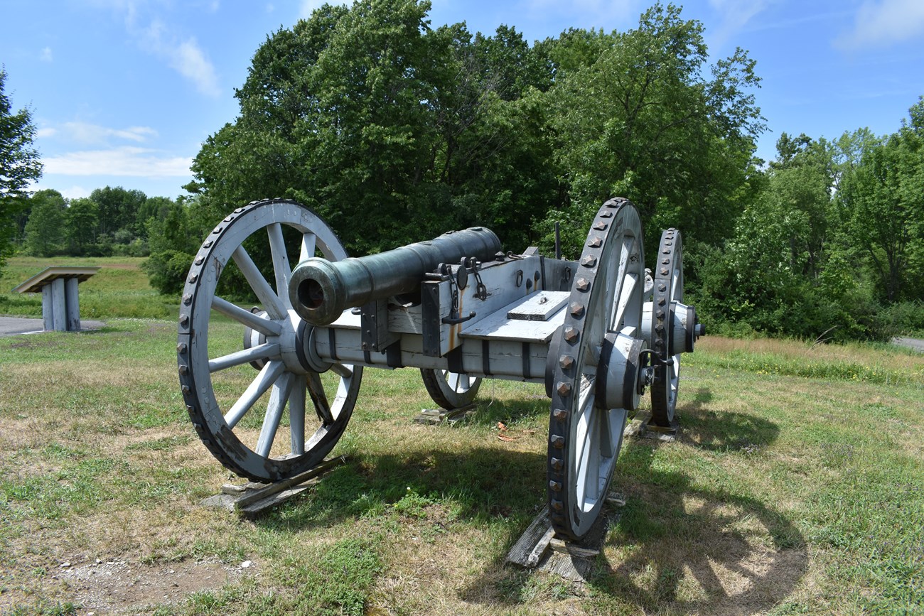 A large cannon rests on a grassy field.