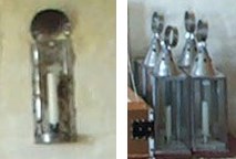 Two examples of 18th century lighting devices: a tin wall sconce, and tin lanterns.