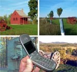 An image of an open cell phone superimposed over several views from Saratoga National Historical Park