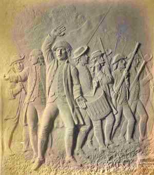 Bronze plaque portraying an American colonists' rally.