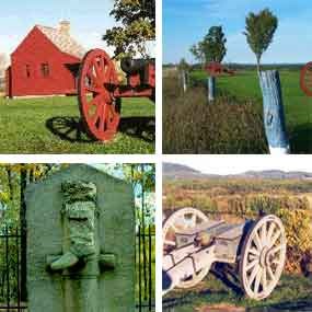 Composite picture showing four Battlefield tour scenes. These are the Neilson House at top left, fortification marker posts at top right, the Composite picture showing four Battlefield tour scenes. These are the Neilson House at top left, fortification marker posts at top right, the