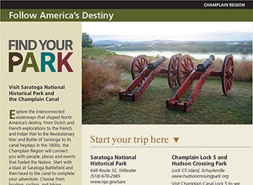 Snapshot of printed travel itinerary, has large text saying Find Your Park, and has a picture of two cannons overlooking the Hudson River Valley.