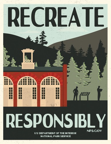 Illustration of silhouettes of two spaced visitors reading an interpretive panel and brochure near a historic building next to trees and mountains. Text reads "Recreate Responsibly. NPS.gov. US Department of the Interior. National Park Service."