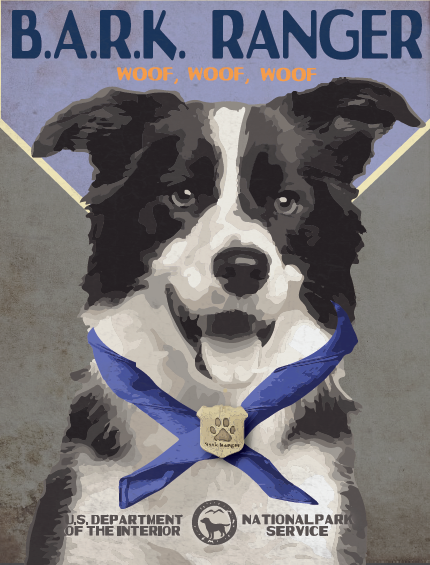Graphic of black and white dog with text on top reading BARK Ranger woof, woof, woof