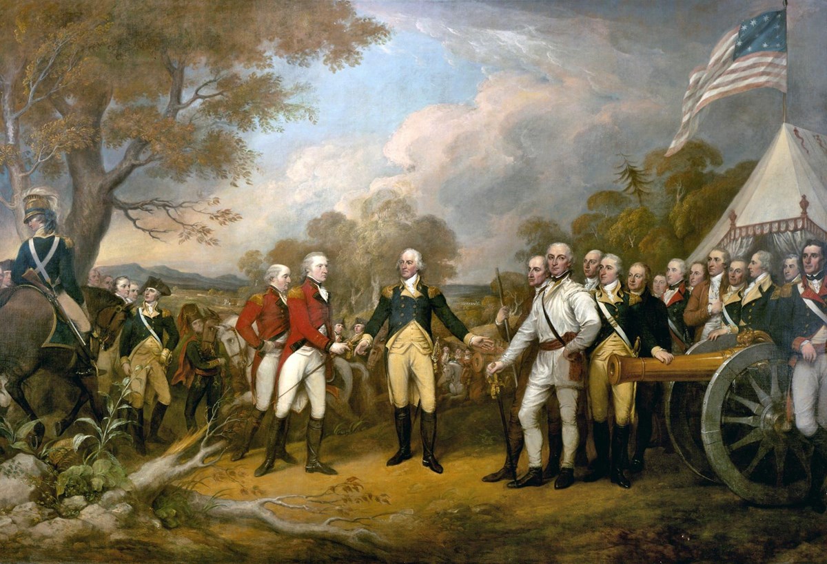 Historic painting by John Trumbull depicting the British surrender at Saratoga
