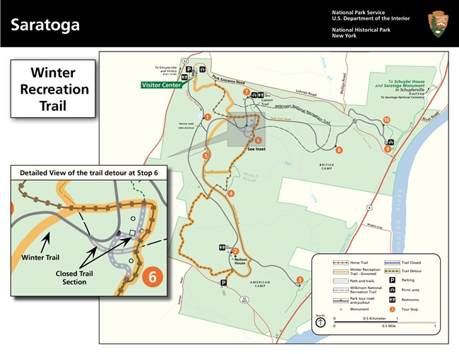 A map showing the recreational trails throughout the park. The winter recreational trail is highlighted in yellow. An inset shows a closer view of a detour on the trails around Tour Road Stop 6.
