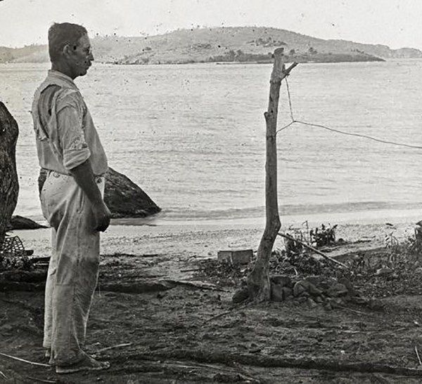 Gudmund Hatt on the Shore at Salt River photograph of archeologist Gudmund Hatt standing on the shoreline at Salt River