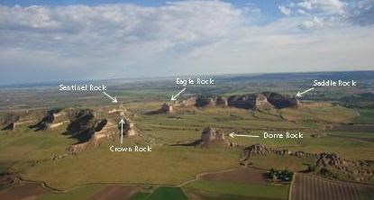 Sandstone bluffs, with prominent features labeled as Sentinel Rock, Crown Rock, Eagle Rock, Dome Rock, and Saddle Rock.