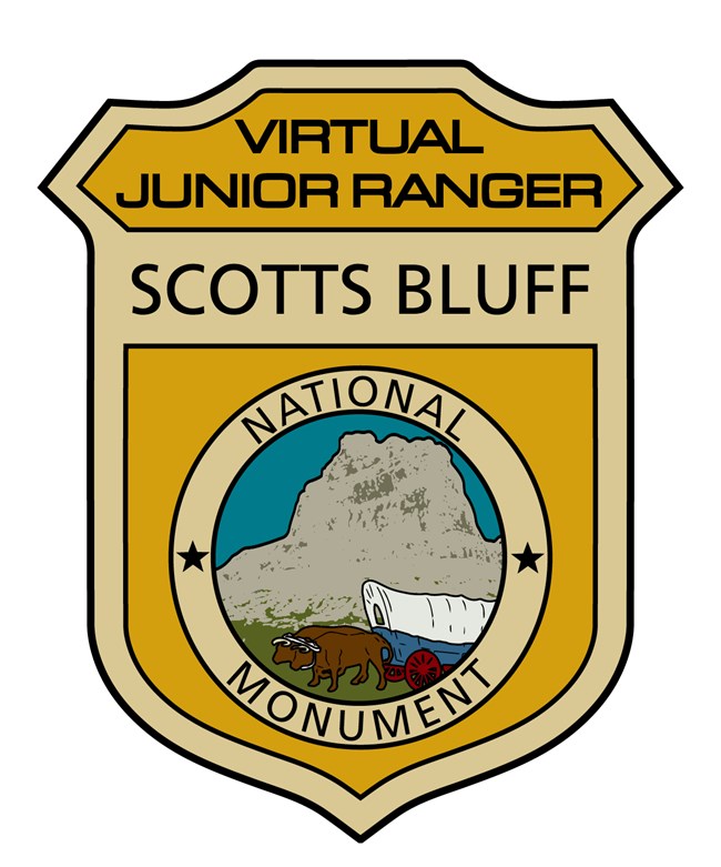 A colorful Virtual Junior Ranger badge logo features a sandstone bluff at oxen pulling a covered wagon.