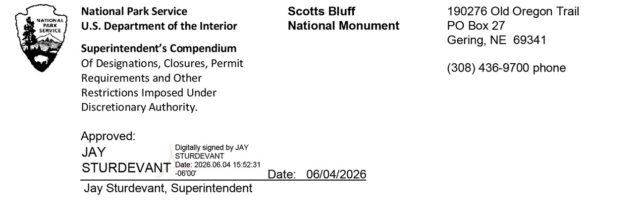 Digitally signed header from the June 2026 Scotts Bluff National Monument Superintendent's Compendium.