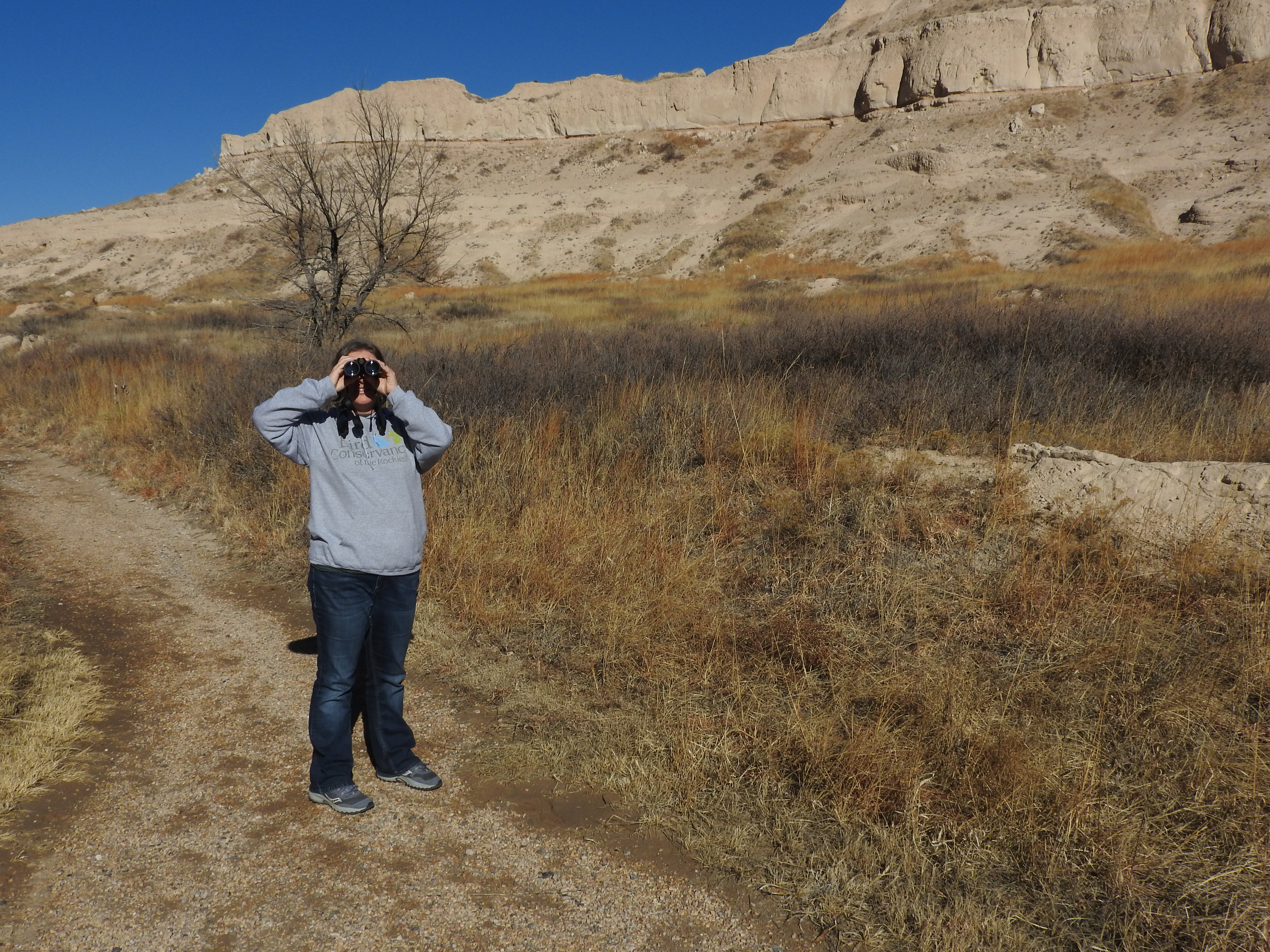 A woman looks through binoculars with sandstone cliffs and prairie landscape in the background.