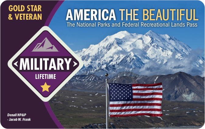 The 2023 Military Lifetime Pass has an image of an American flag below a snow-capped mountain.