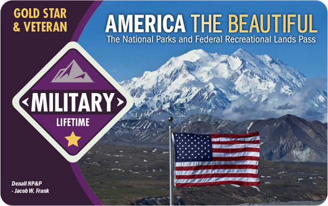 The 2023 Military Lifetime Pass has an image of an American flag below a snow-capped mountain.