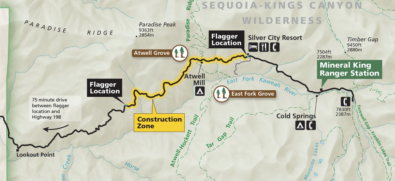 A map of the mineral king area with the construction zone highlighted in yellow with flagger locations in large black boxes. Detailed information on the map is described in the text.