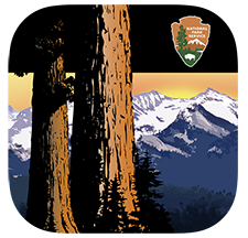 An app icon with red sequoia tree trunks over a mountain background with a national park service arrowhead in the top right corner.