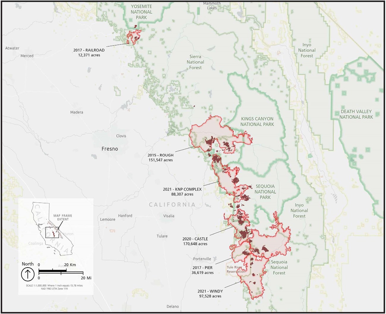 Map showing the outlines of six fires (between 2015 and 2021) in the Sierra Nevada and the sequoia groves that were burned.