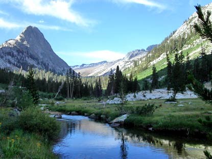 Glacier-carved mountain looms over lush green alpine meadow Glacier-carved mountain looms over lush green alpine meadow