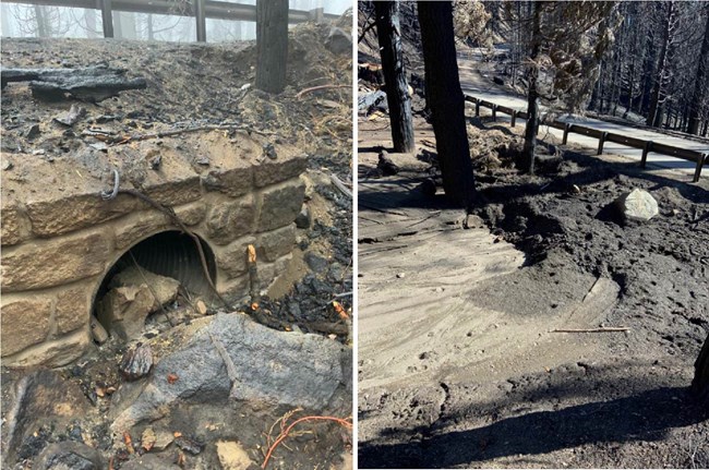 Image of open culvert that can still drain water and minor debris from slope (left) and then again after a storm, where it is so filled with soil and rocks that it is buried and no longer visible.