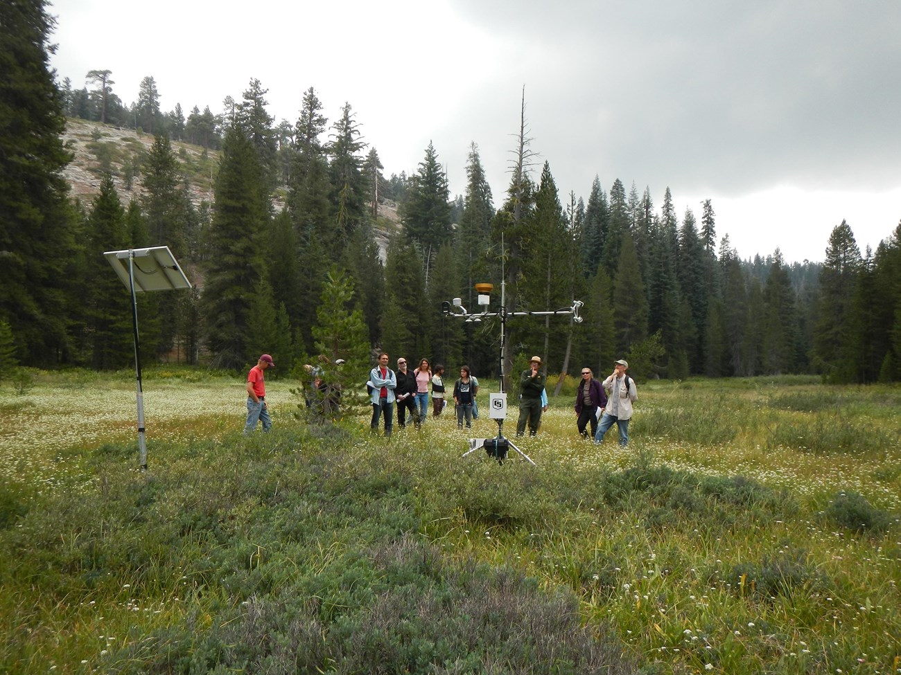 Scientists examine park meteorological station in Sequoia National Park.