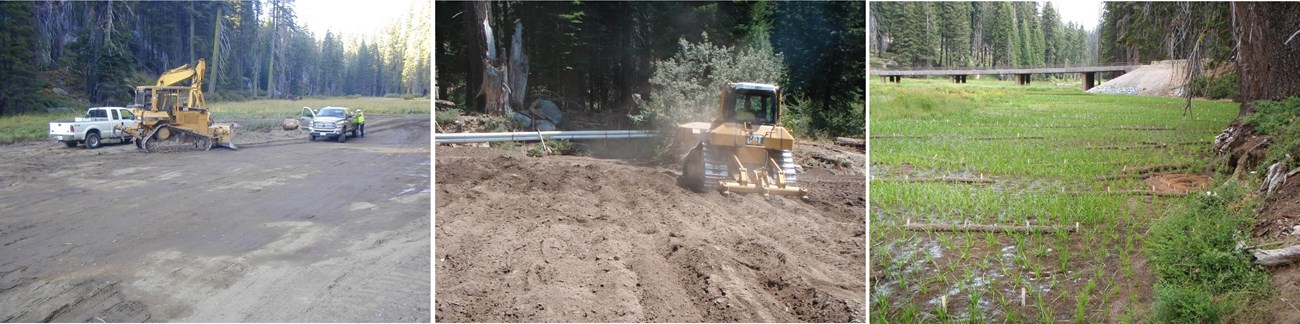 Left image: Large area of soil compacted by heavy equipment in meadow. center image; heavy equipment dragging plow-like attachment, loosening soil; right image: meadow of green plants growing in looser soils.