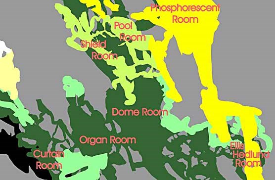 Colored polygons show cave passageways at different levels in Crystal Cave in Sequoia National Park