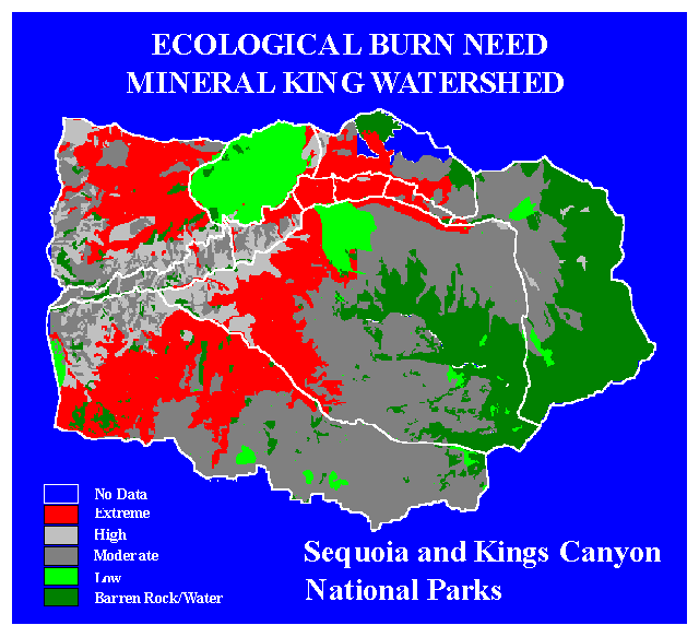igure 3. "Ecological needs" map showing fire return interval departures (FRID) for the East Fork watershed. Red areas have the greatest departure from pre-Euroamerican fire regimes whereas green areas have either departed only slightly from the past fire regime or burned recently.